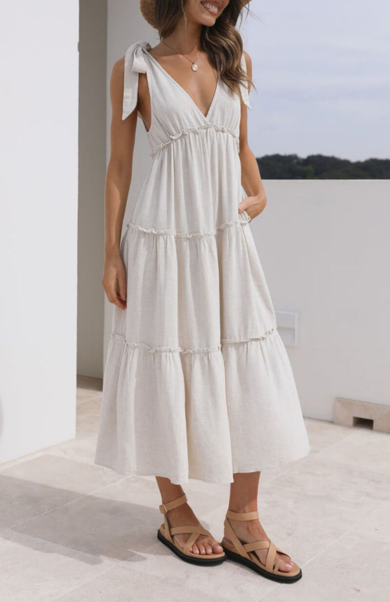 Elegant Linen V-Neck Tie Dress