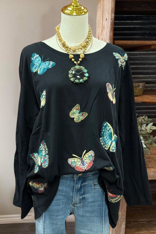 Colorful Butterfly Embroidery Crewneck Top