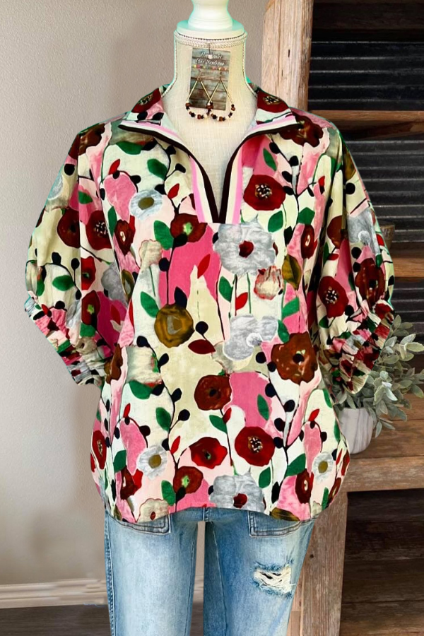 Floral Puff Sleeve Half-open Collar Top