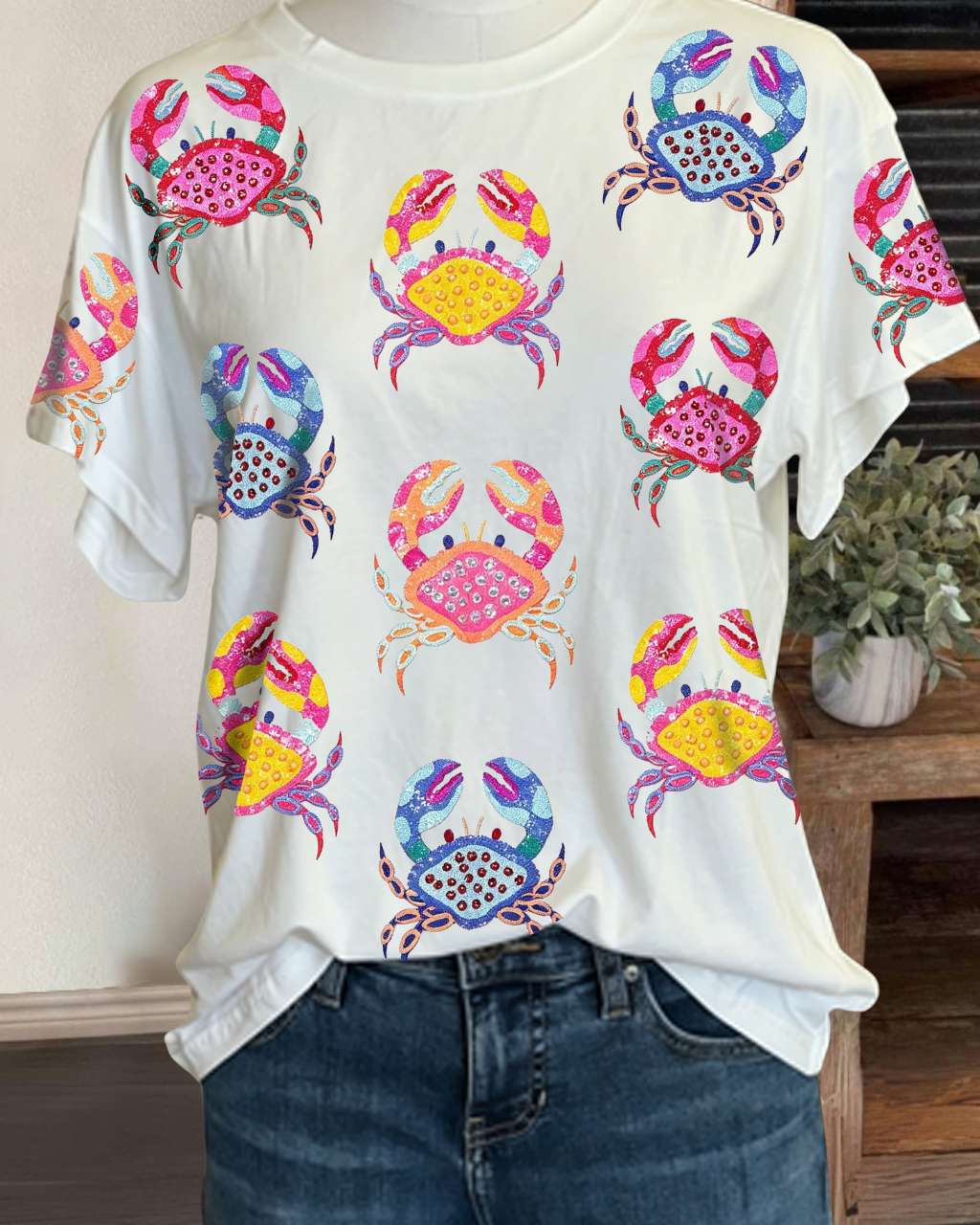 Multicolor Scattered Crab Sequin Tee
