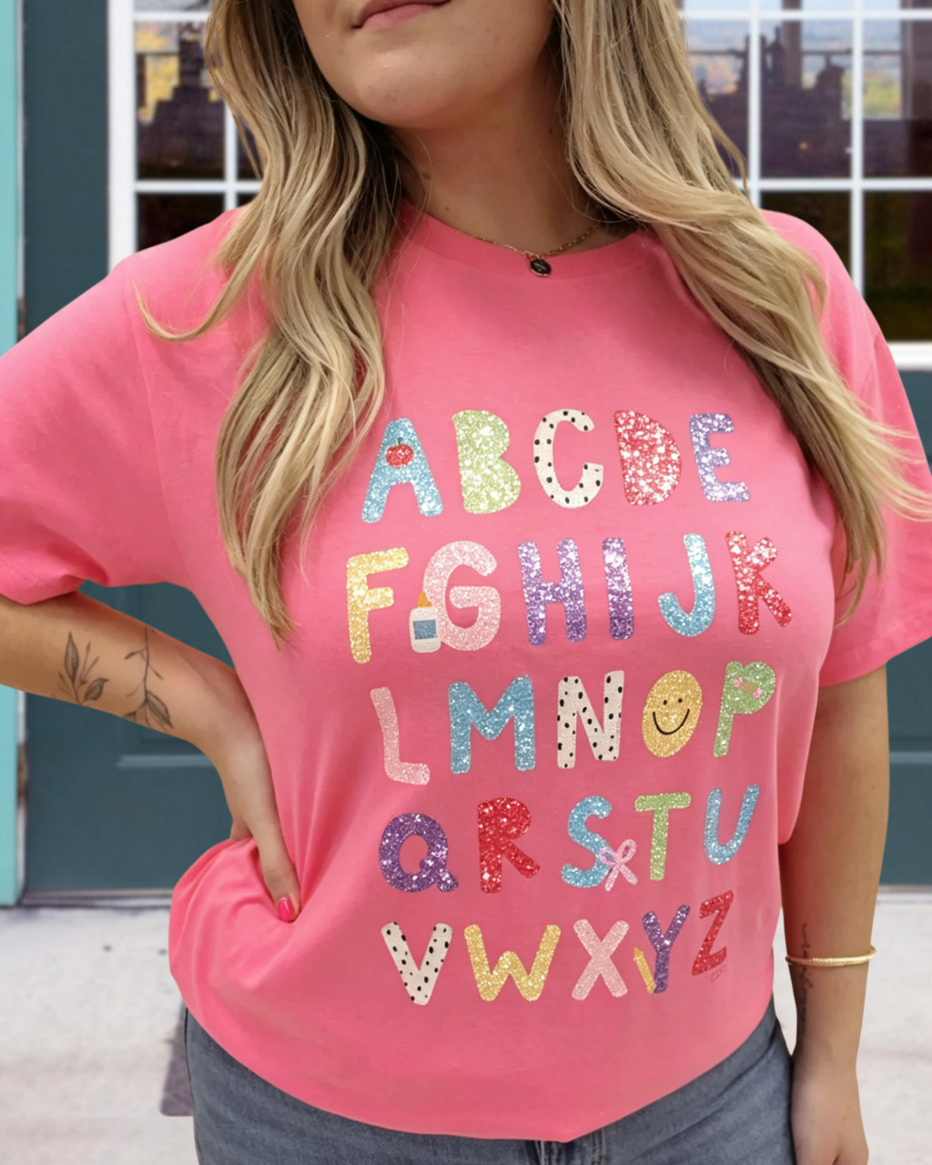Colorful Glittery Letter Print Tee