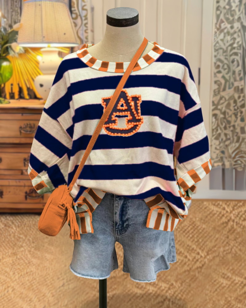 Bead Embellished Auburn Striped Top