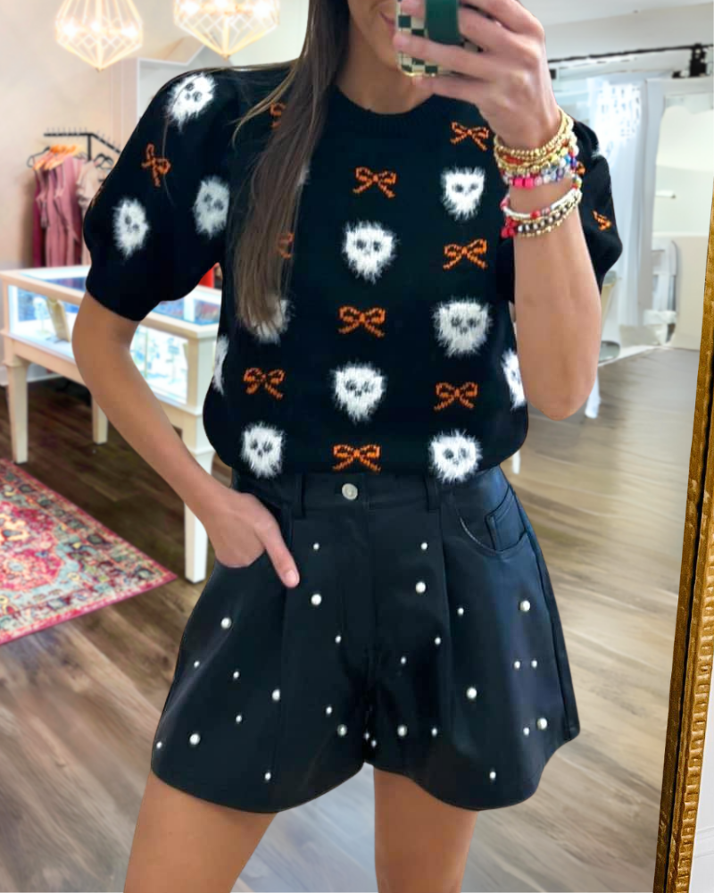 Bow Skull Flock Embroidered Top