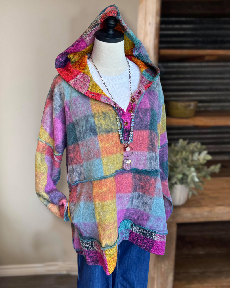 Colorblock Fleece Plaid Hoodie