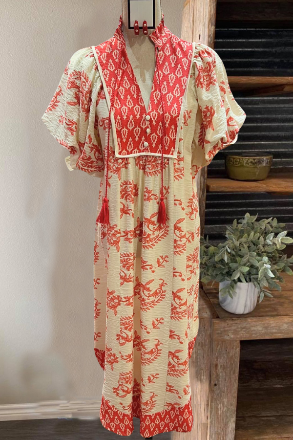 Boho Drawstring V-Neck Maxi Dress