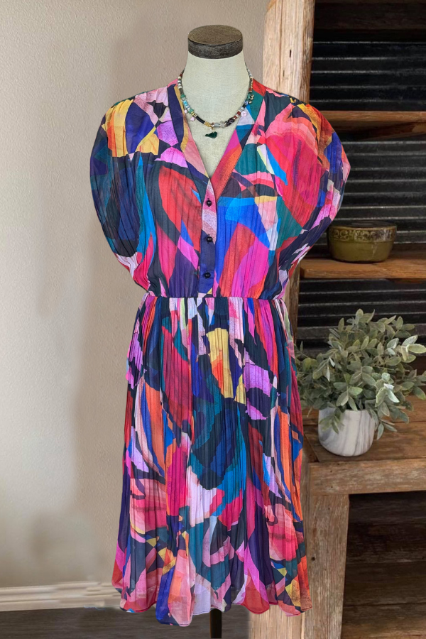 Abstract Printed Pleated Dress