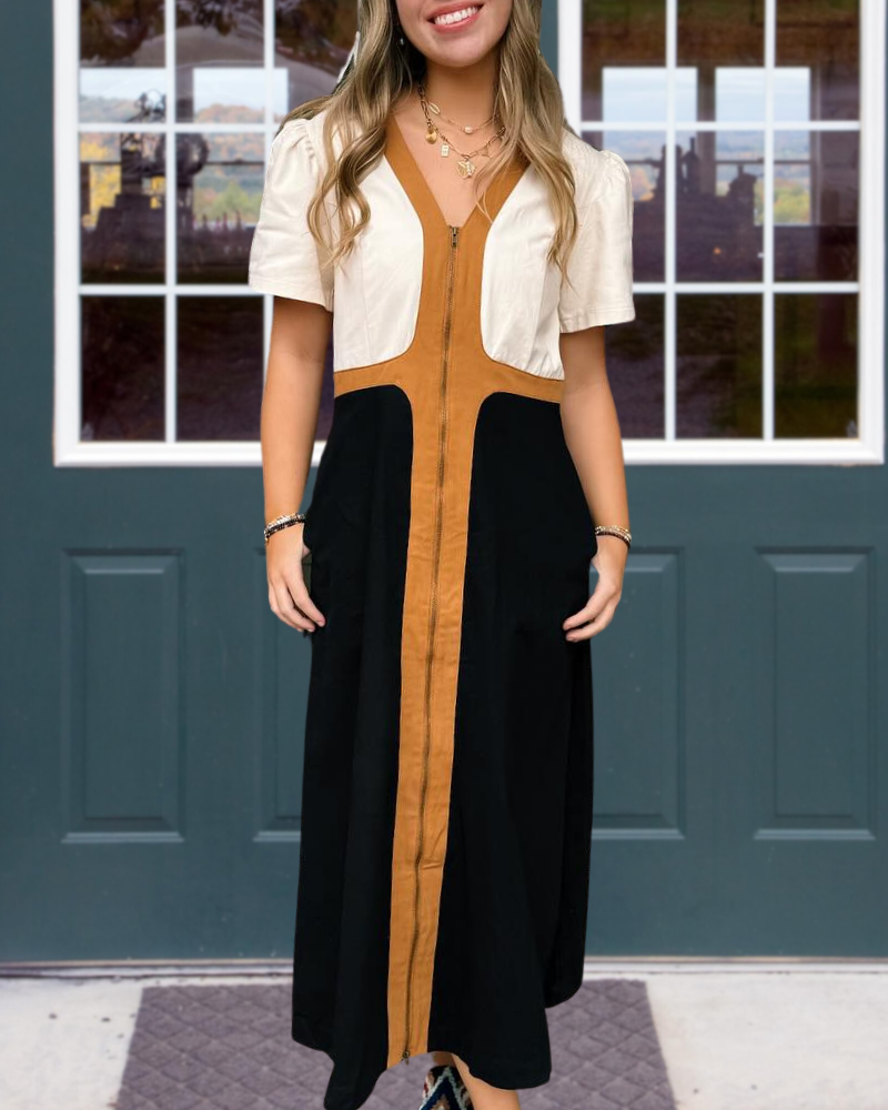 Chic Colorblock Zip-Up Maxi Dress