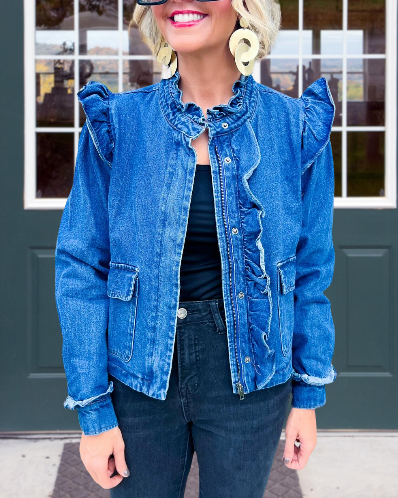 Ruffle Detailed Zipped Denim Jacket