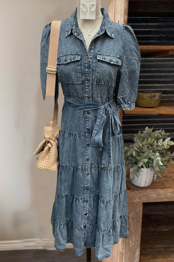 Puff Sleeve Layered Denim Belted Dress