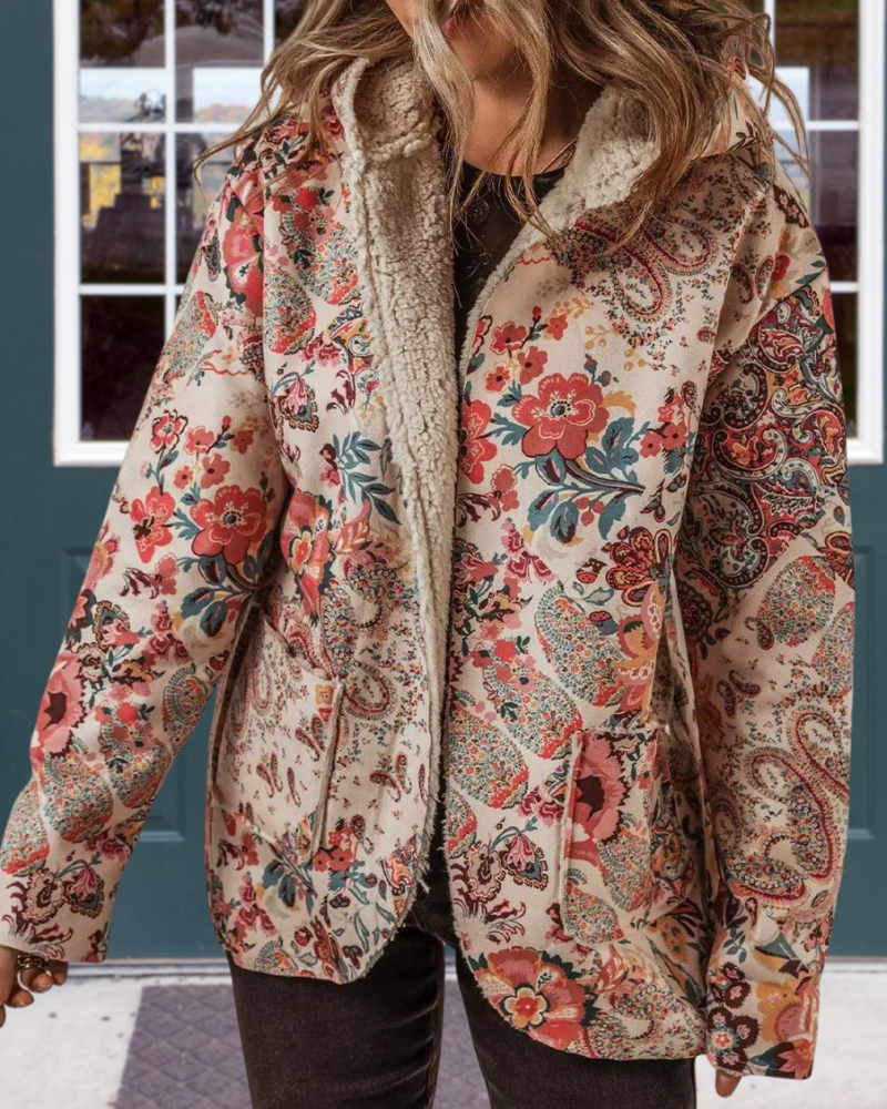 Floral Plush Print Double Layer Hooded Coat