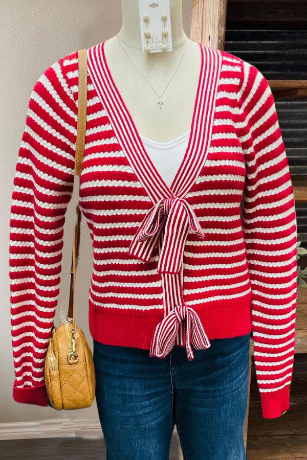 Striped Bow V-Neck Cardigan