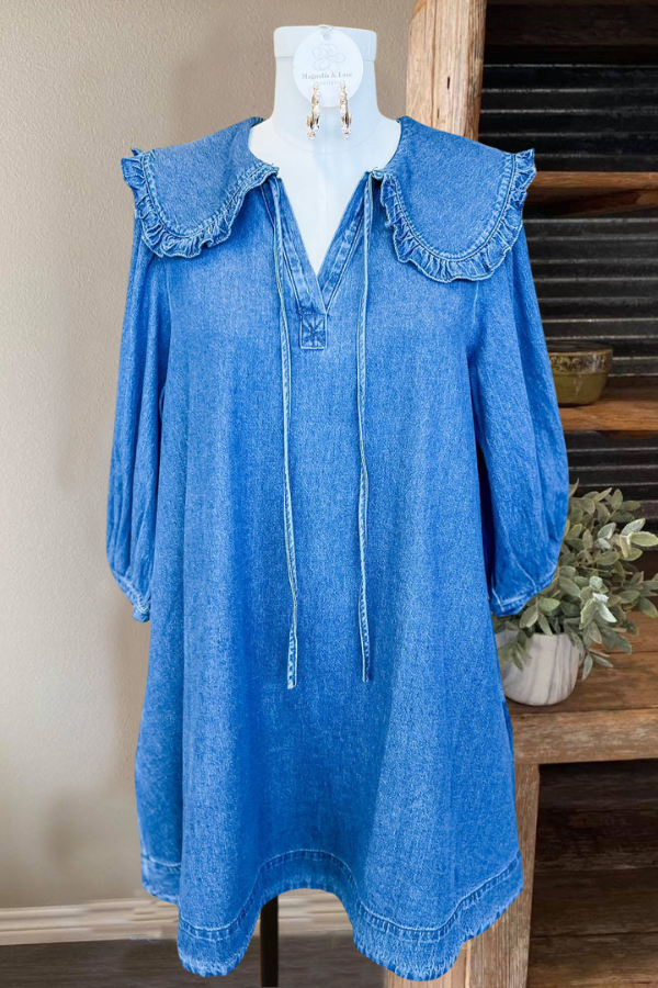 Peter Pan Lapel V-Neck Denim Dress