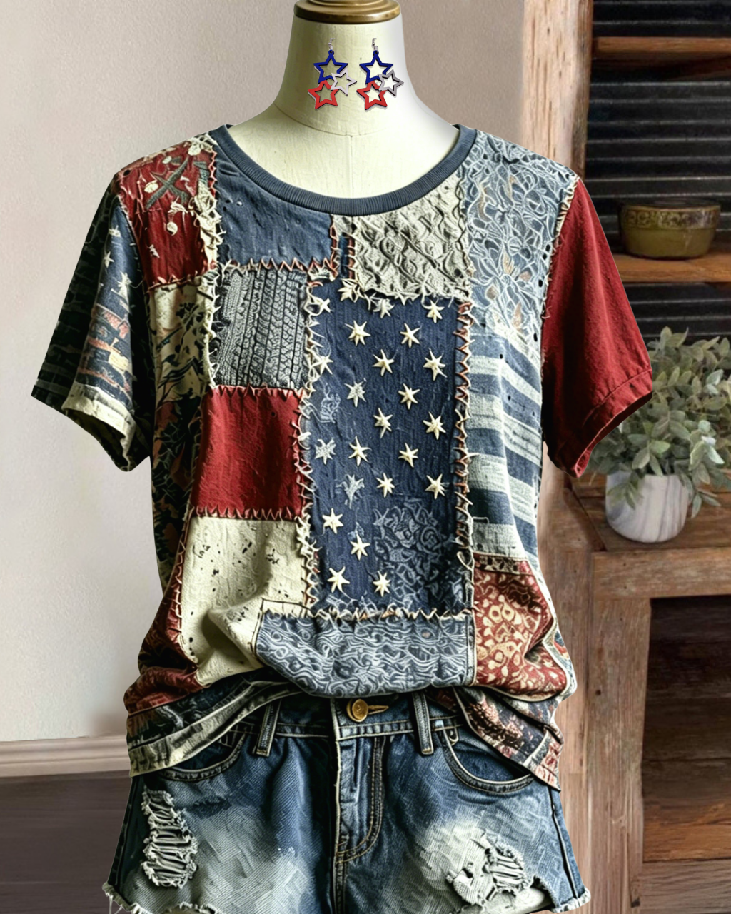 Star Embroidered Patchwork T-shirt