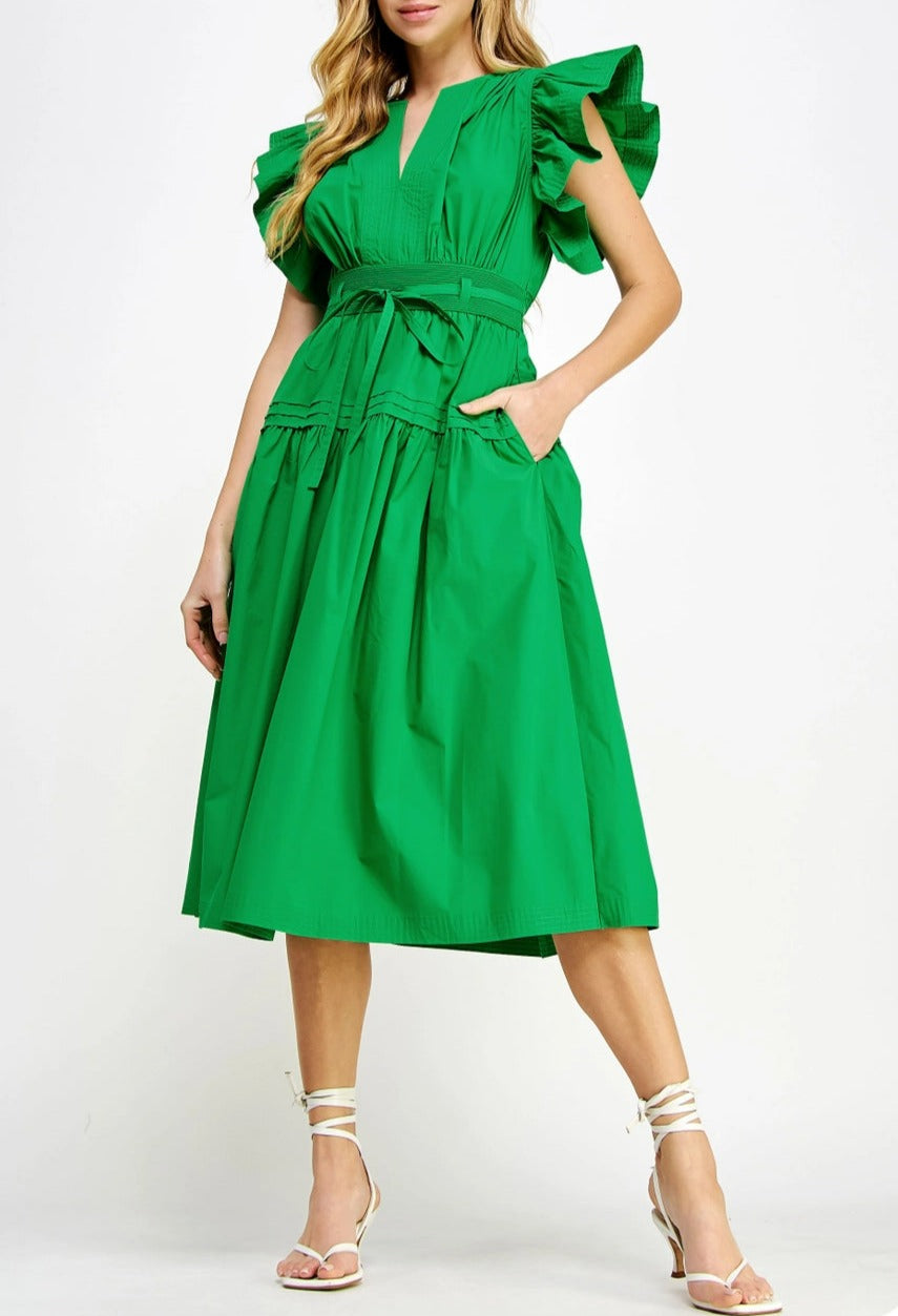 Flutter Sleeve Poplin Midi Dress-Green