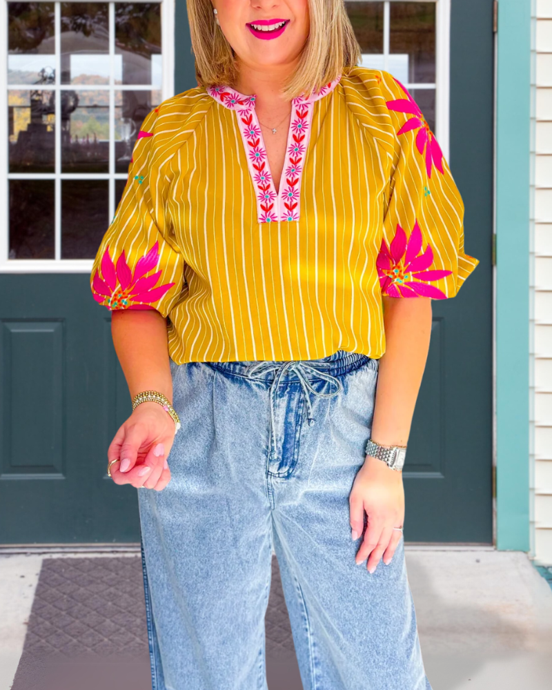 Vibrant Striped Floral V-Neck Top