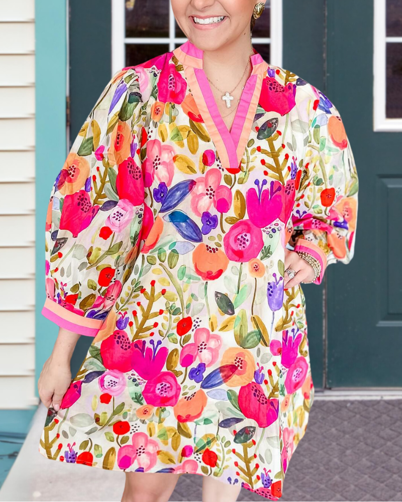 Colorful Garden Puff Sleeve Dress