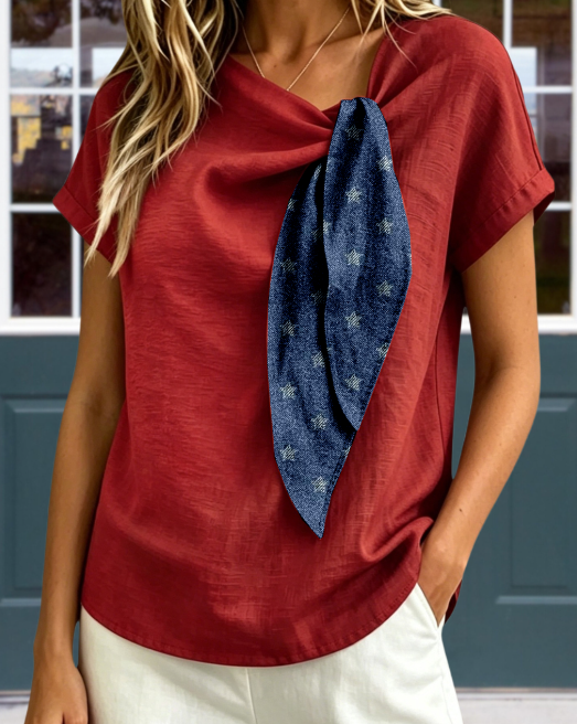 Star-Pattern Ribbon Linen Top