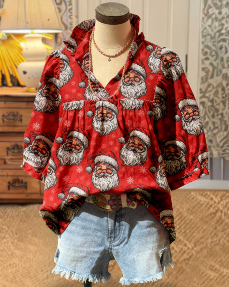 Playful Christmas Santa Claus Print Top