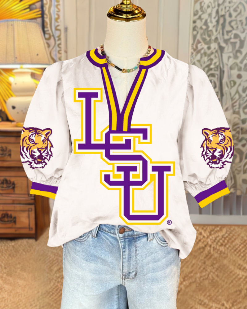 LSU Tigers Puff Sleeve Satin Top
