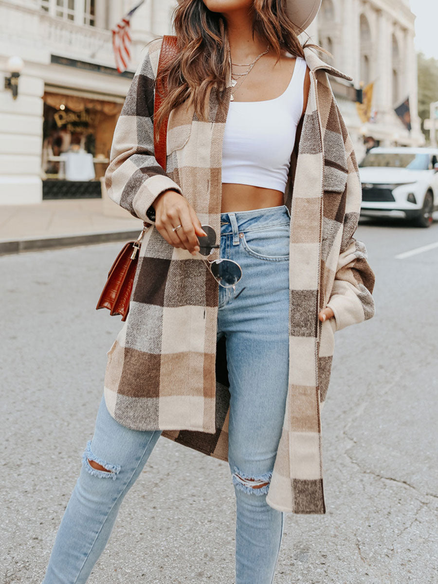 Long Button Down Front Plaid Shacket Camel