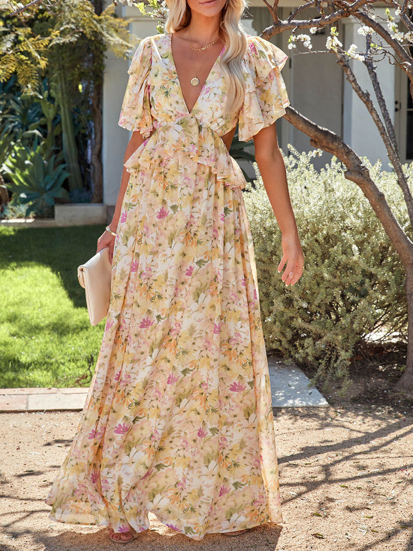 FLORAL RUFFLE CUTOUT MAXI DRESS