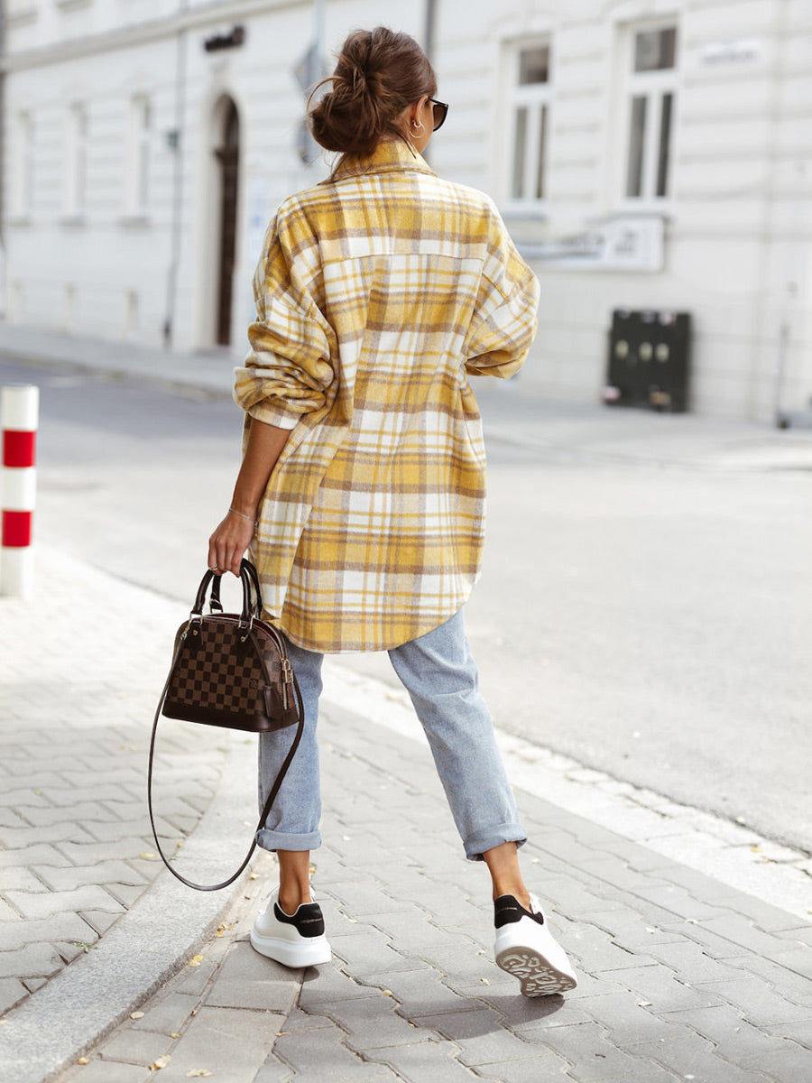 Plaid Pocketed Oversized Long Sleeve Shirt