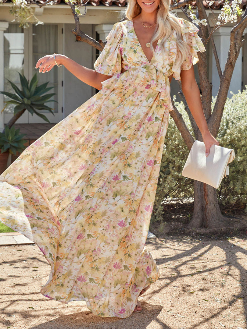 Floral Ruffle Cutout Maxi Dress