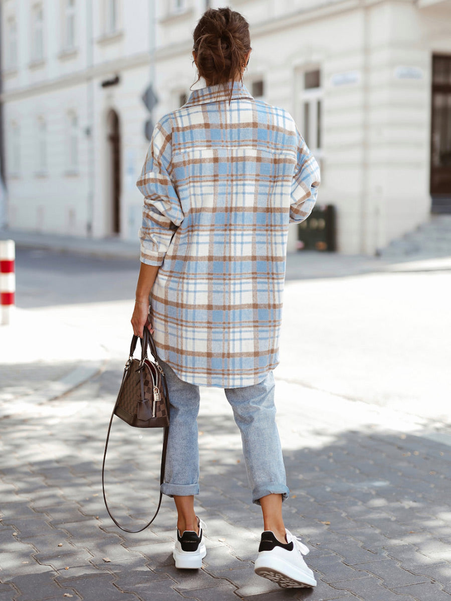 Plaid Pocketed Oversized Long Sleeve Shirt