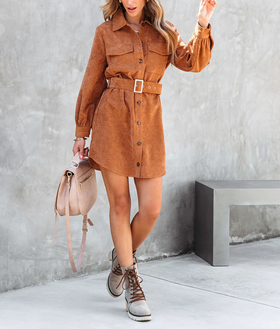 Corduroy Belted Button Down Shirt Dress