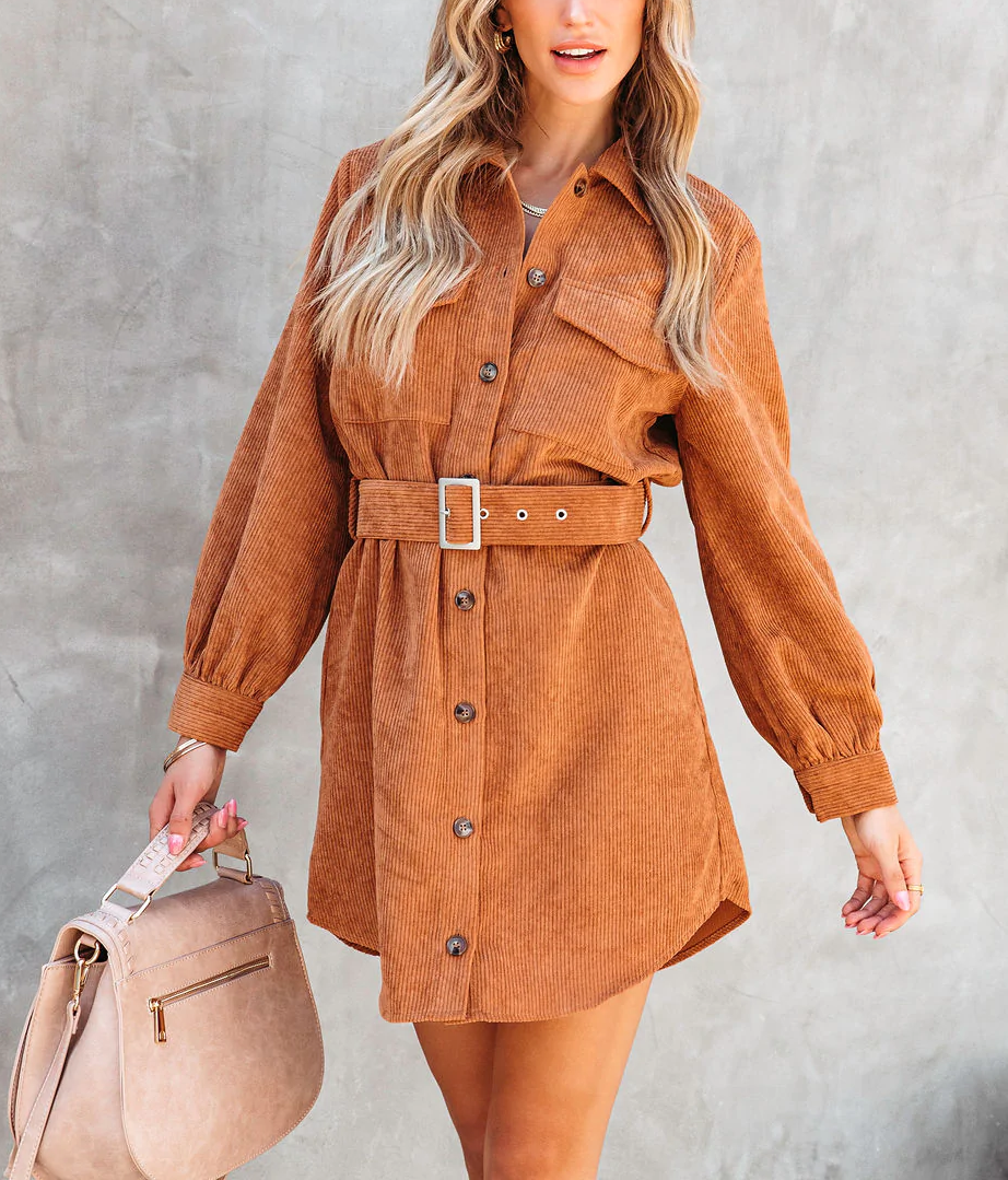 Corduroy Belted Button Down Shirt Dress