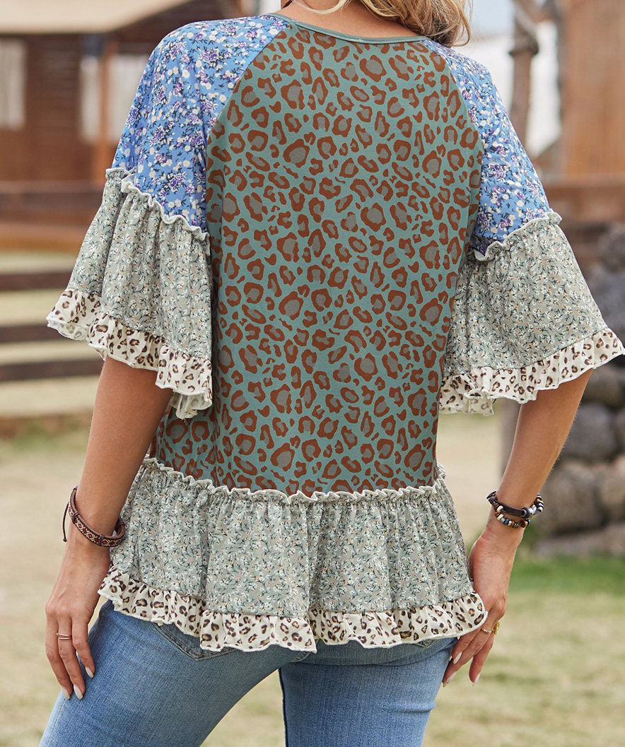 Leopard Floral  Ruffle Crewneck Top