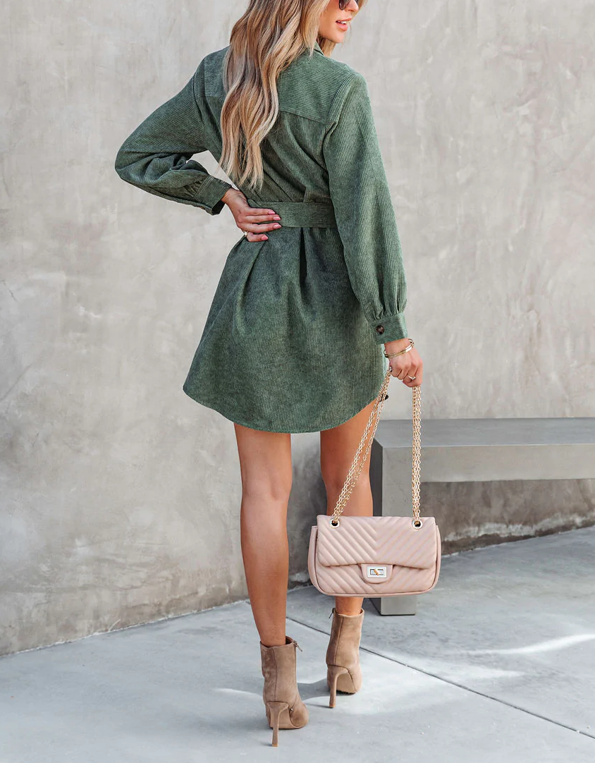 Corduroy Belted Button Down Shirt Dress