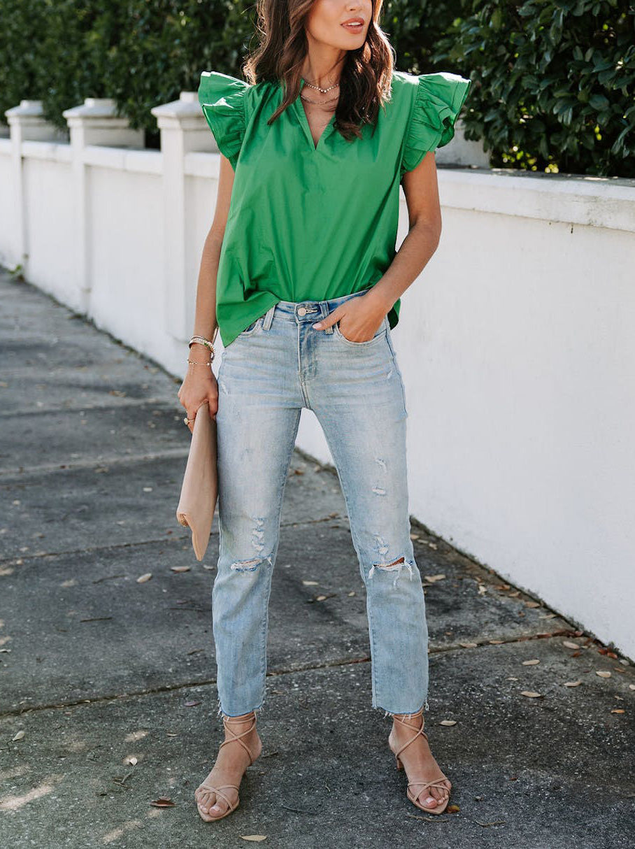 Cotton Ruffle Top-Green