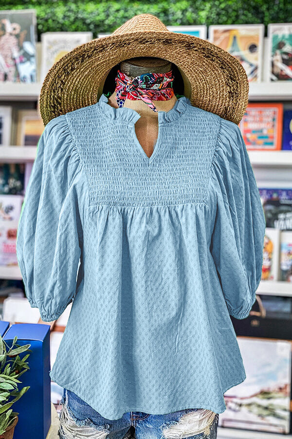 Cotton Ruffle Smocked V-Neck Blouse