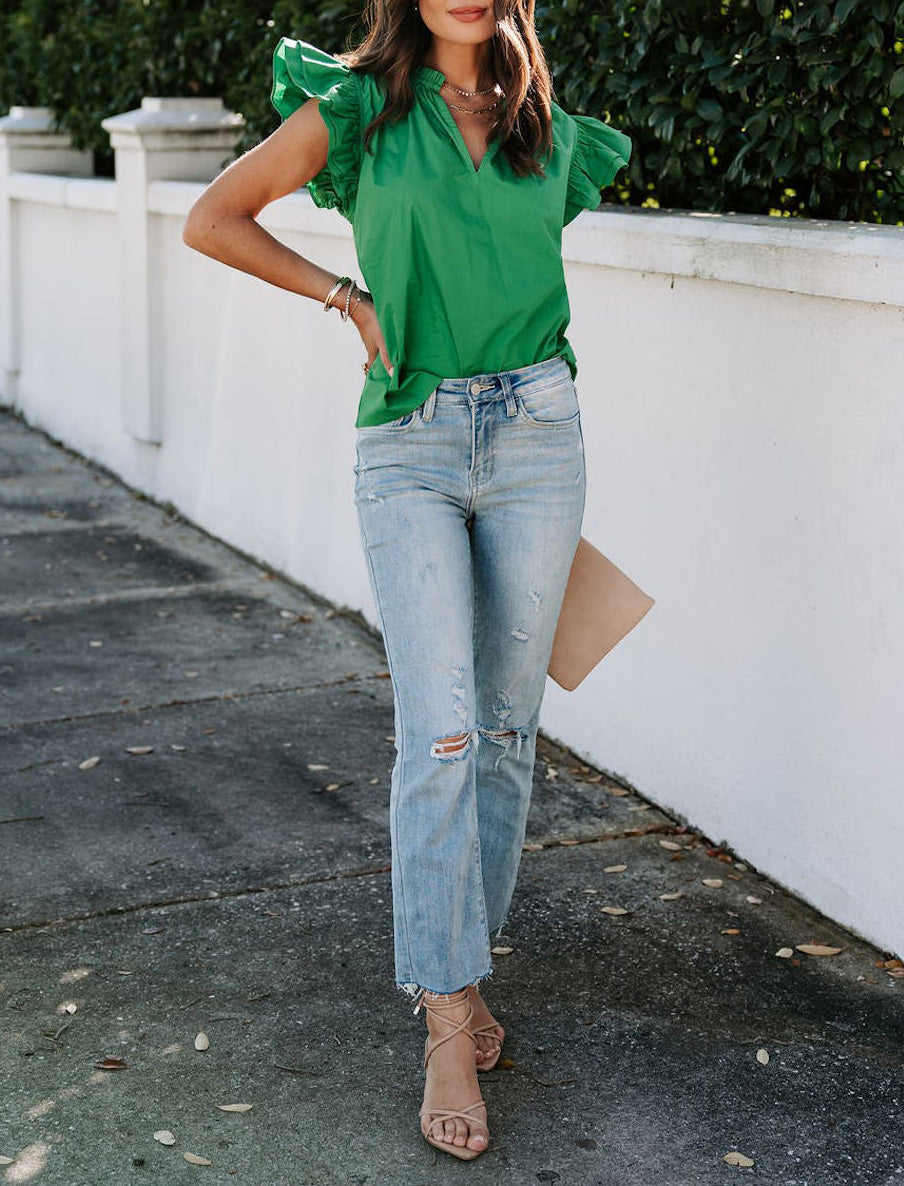 Cotton Ruffle Top-Green